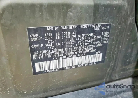 2017 Subaru Outback 2.5I z USA, uszkodzony, nr VIN 4S4BSAAC3H3377249